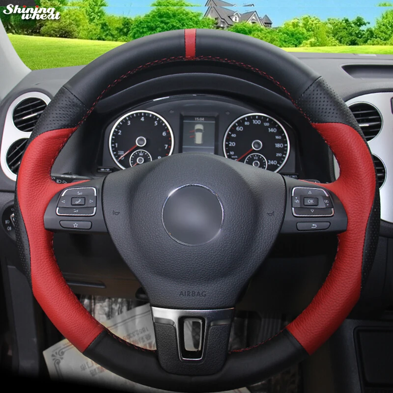 Shining wheat Red Black Leather Car Steering Wheel Cover for Volkswagen