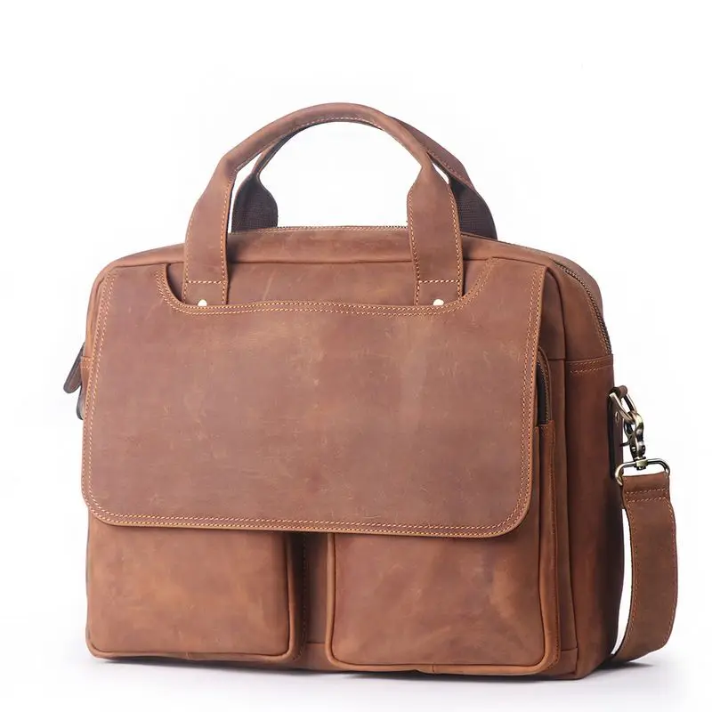 

2018 New first layer cowhide men's portable briefcase ladies shoulder Messenger bag horse leather computer bag