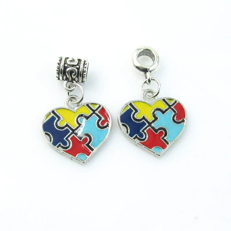 

20pcs Heart Enamel Autism Awareness Jigsaw Puzzle Piece big hole beads Dangle Charms Pendant For DIY Beacelet Necklace Jewelry