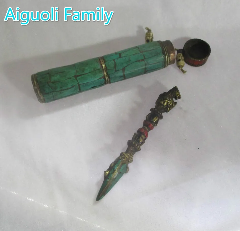 

Collectible Tibetan Buddhist instruments Old Copper Carved statue with box ,Antique Metal Magic wand from Tibet/Nepal