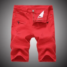 Для мужчин Байкер Джинсовые шорты летние белые красные джинсы шорты Для мужчин хип-хоп Moto Брендовая Дизайнерская обувь узкие фактурные рваные шорты WY268