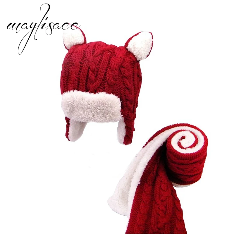 Maylisacc/красная Детская зимняя теплая вязаная шапка с шарфом, Новое поступление для девочек и мальчиков, спортивные шарфы с шапочкой - Цвет: Red