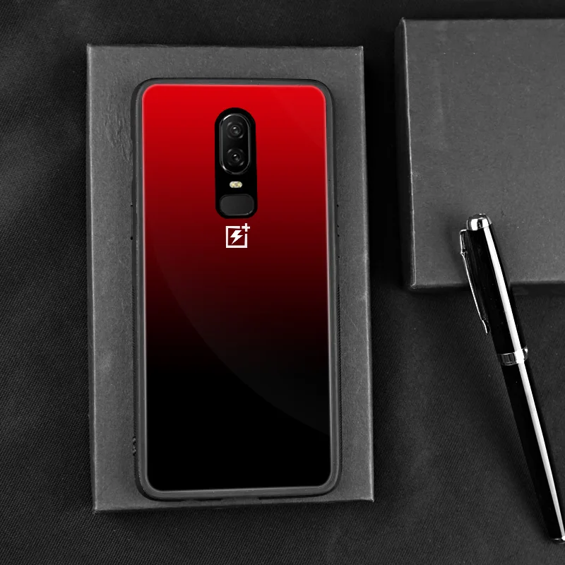 Tempered Glass Case for OnePlus 6 1+6 Gradient Color Hard Back Cover One Plus Soft TPU Silicone Bumper On For 6.28'' |