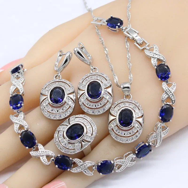 

Dark Blue Crystal White Zircnoia 925 Silver Jewelry Sets For Women Bracelet Earrings Necklace Pendant Rings Gift Box