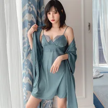 Сексуальный кружевной халат, женская одежда для сна спальные костюмы, женские ночные сорочки, длинный банный халат+ ночная рубашка, комплект из 2 предметов