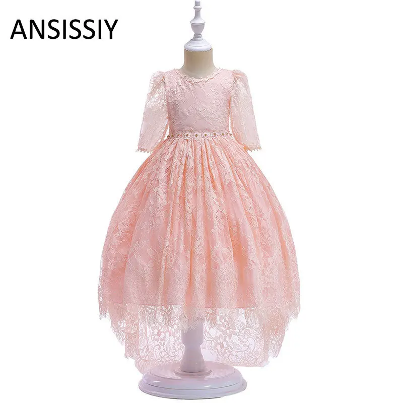 

Pink Communion Kids Party Princess Pageant Trailing Wedding Flower Girl Dress Half Sleeve for Kids Baptism Wear Clothes