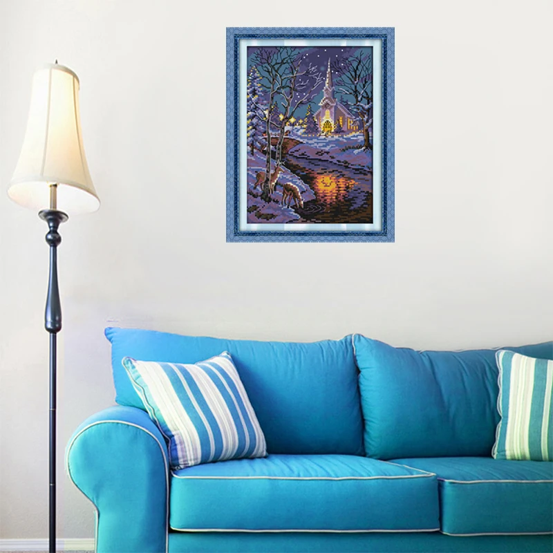 Joy Sunday Winter Night Scenes 2 Counted 11CT 14CT Cross Stitch Landscape Cross Stitch Kits for Embroidery Home Decor Needlework