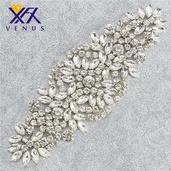 

XINFANGXIU Wholesale hot fix iron on drass diamante beaded ivory beads clear rhinestone appliques for dress belt ,had ,sash