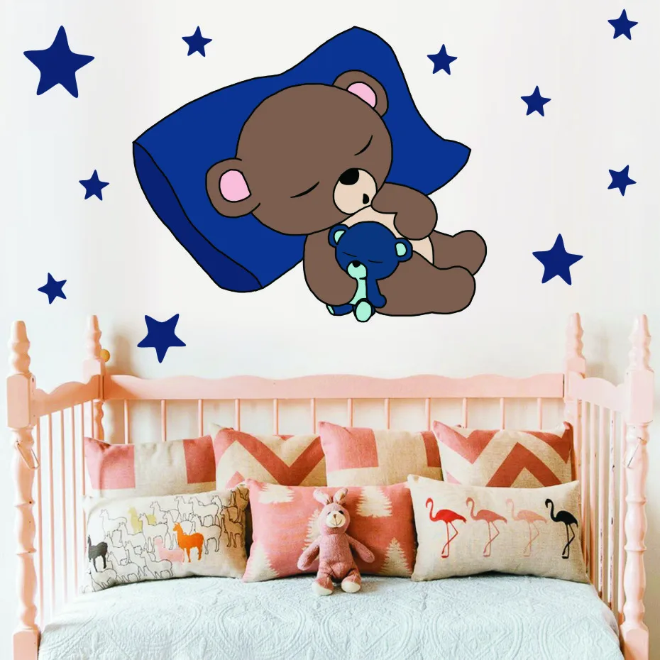 Cute Quite Sleep Bear with Stars Wall Decals Children's Kids Cartoon DIY Art Vinyls Stickers Bedroom Home Decor Mural Wallpaper