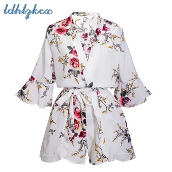 

Playsuits Women White Casual Home Clothing 2018 Summer New Floral Loose Bow Adjustable Waist Autumn Europe America Playsuit LD78