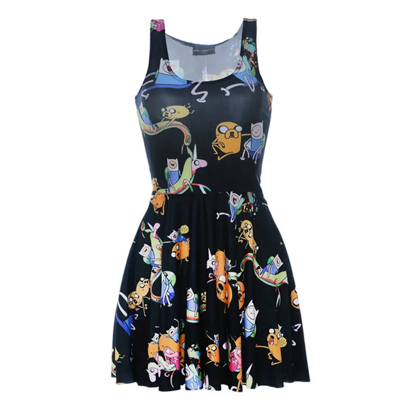 

Drop Shipping New Fashion Women Summer Dress ADVENTURE TIME MONTAGE BLACK SKATER DRESS Casual Vestidos Mini Dresses