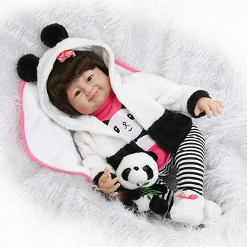 

55cm soft Silicone Vinyl Reborn Girl Baby Doll Toys With Panda 22inch Newborn Bebe Princess Babies Alive cute Toy Play House Toy