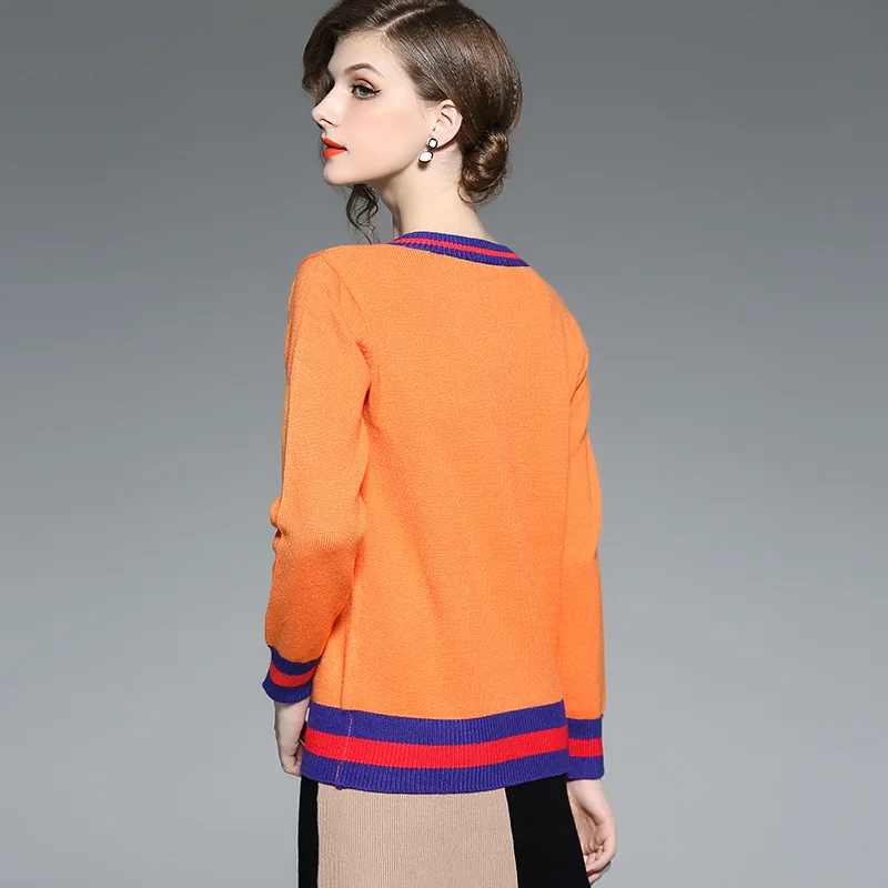 V-neck elastic knit patchwork loose pullovers sweater 2018 new women autumn basic long sleeve sweater