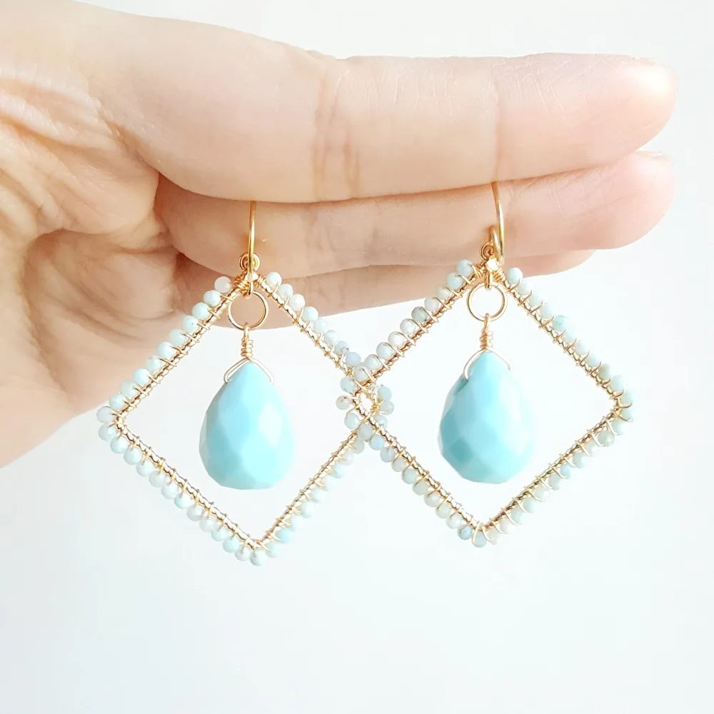 Lii Ji S925 Rhombus Shape Earrings Natural Stone Chrysocolla/Diopside/Larimar/Labradorite/Lapis Lazuli Sparkling Jewelry