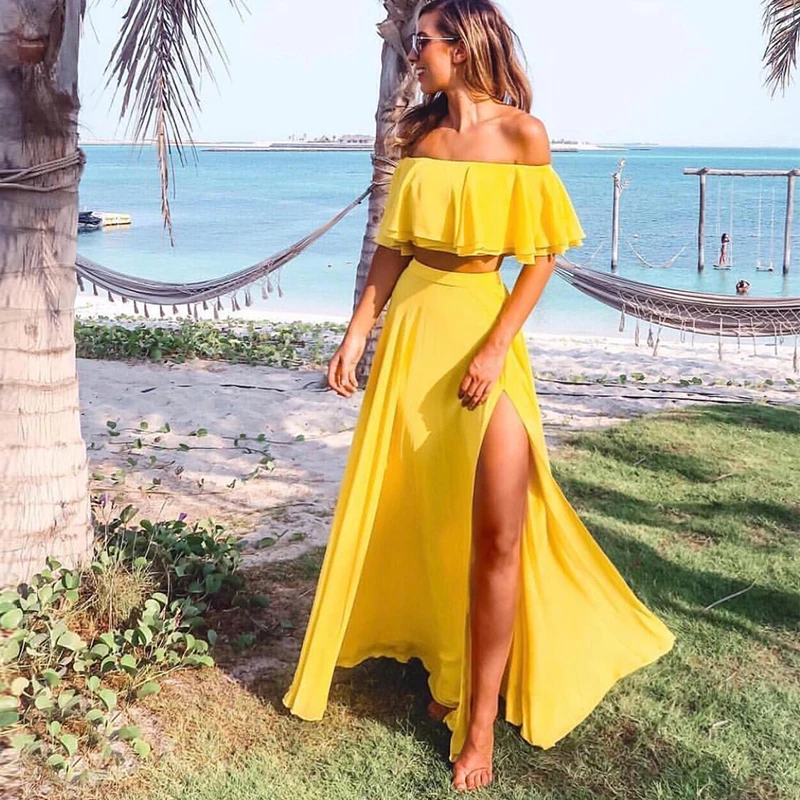 

Summer Beach Bohemian Women Outfits Double Ruffled Off The Shoulder Short Tops Dropped Waist Split Leg Maxi Skirts