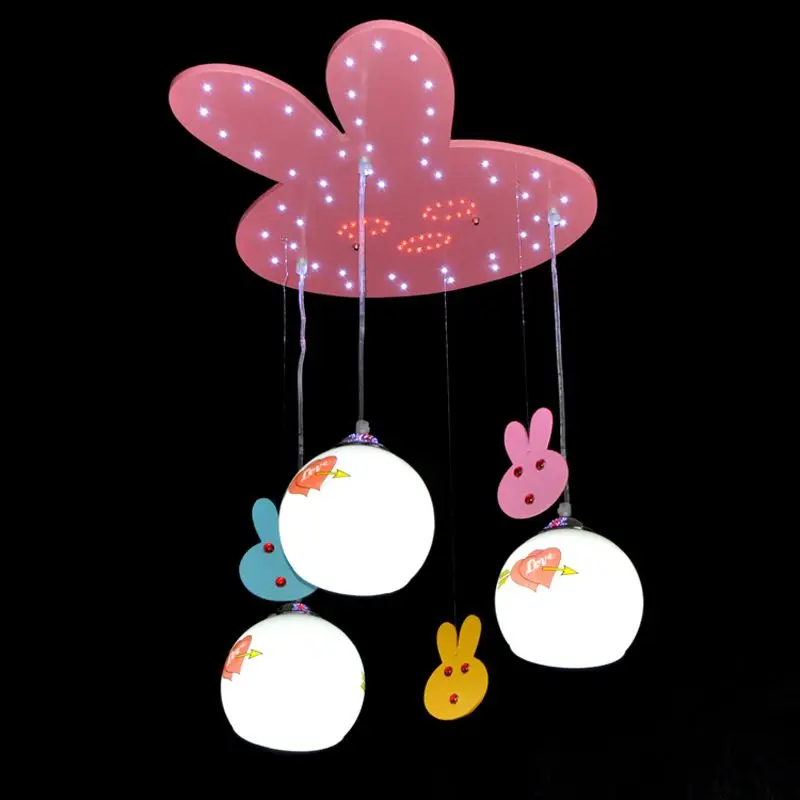 Pink Rabbit Children's Room Pendant Lamp Cute Cartoon Wooden Bedroom Pendant Light Led Girl's Room Pendant Lighting Lamps