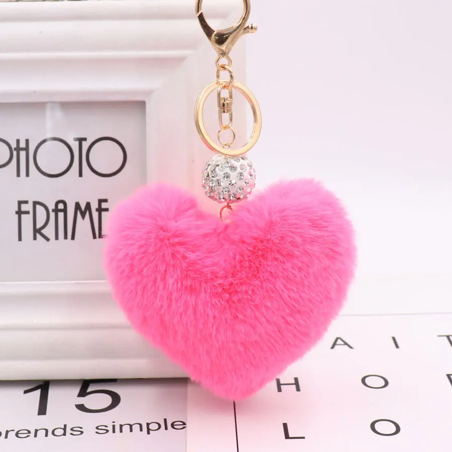 

8cm Fluffy Fur pompom Keychain Soft Lovely Heart Shape Pompon faux Rabbit Fur Pom Poms Ball Car Handbag Key Ring Gift