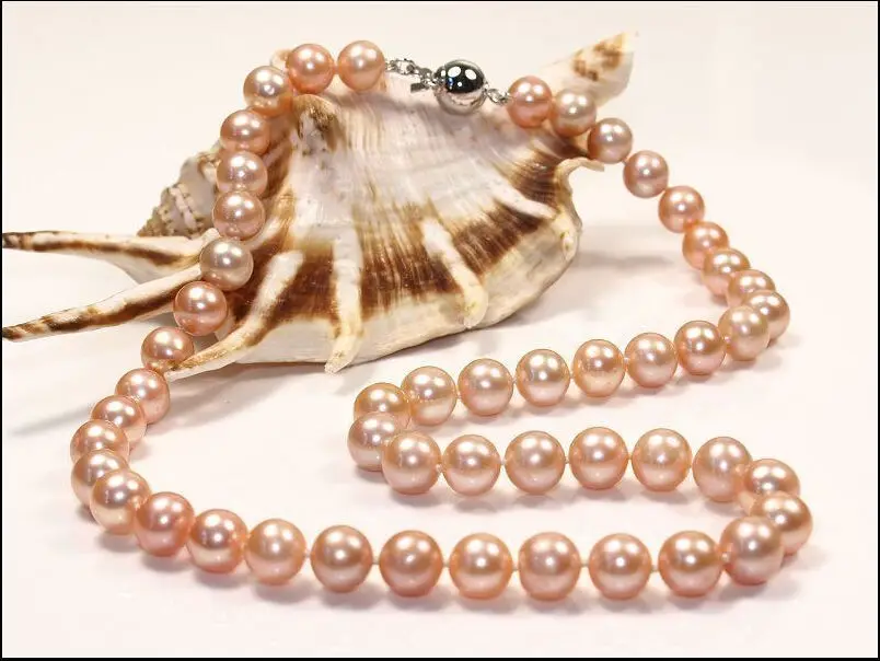 

HUGE 10-11MM PERFECT ROUND SOUTH SEA GENUINE GOLD PINK PEARL NECKLACE 18