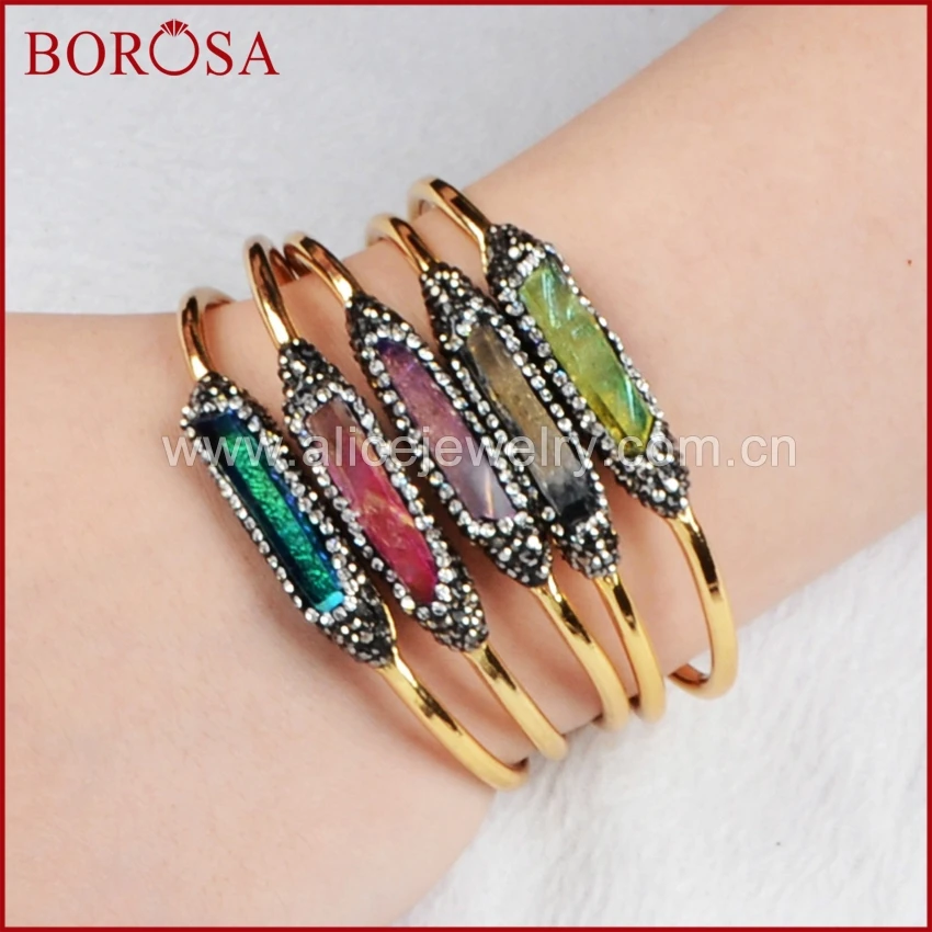 

BOROSA Fashion Handcuff Gold Color Rainbow Aura Quartz Titanium Druzy Bracelet Pave CZ Zricon Vintage Bohemia JAB100