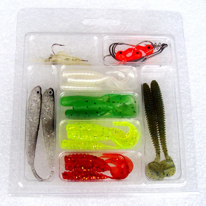 Fishing Soft Lure Kit 22-37 Pieces Combo Baits Snakehead Fish Shrimp Crank  Hook Jig Head T Tail Worm