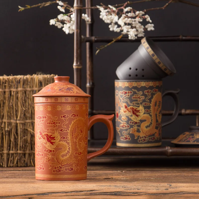 Baratos Retro tradicional chino dragón Phenix taza de té de arcilla púrpura con tapa infusor hecho a mano Yixing Zisha taza de té 300ml taza de regalo