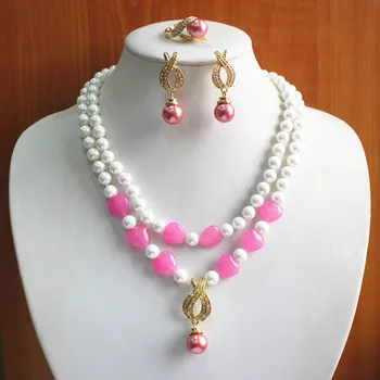 

anniversary! Wholesale Women's 2 rows white pearl decorated with pink heart jade Necklace earring ring(7/8/9) jewelry set #253