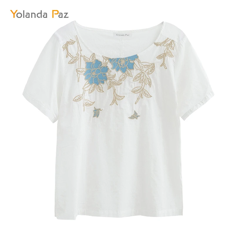 

Yolanda Paz Hot sell ! Ladies Shirts White Casual Floral Embroidered Good Quality Short Sleeve O-neck 100% Cotton blouse shirts