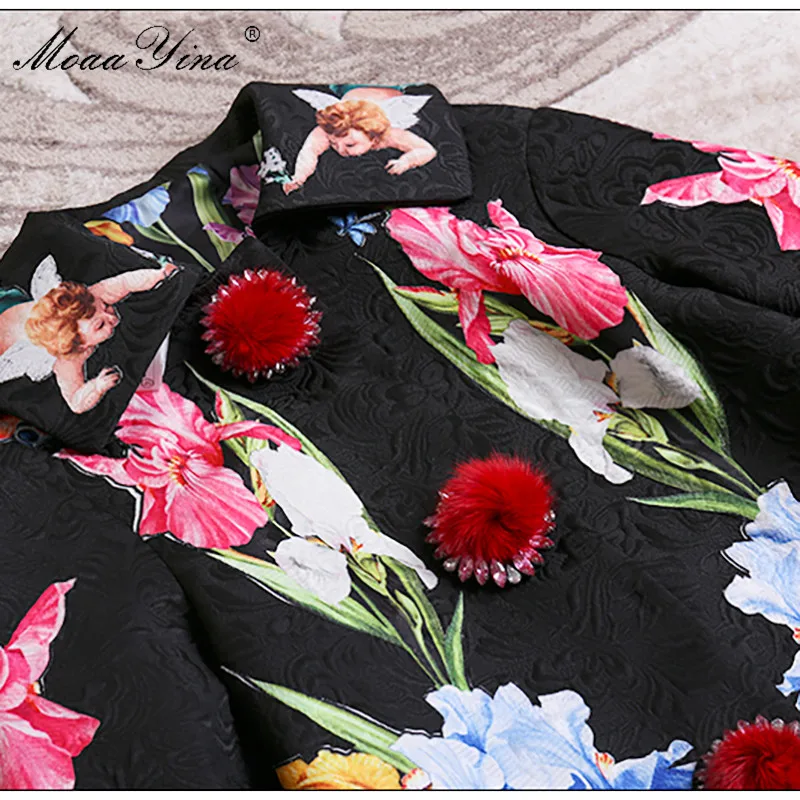 Au De En Hiver vent Manches Chaud Femmes Automne Floral 3 Garder Ange Créateur Mode Coupe Imprimé Pardessus Moaayina Noir 4 Balle Peluche 5FH7qw