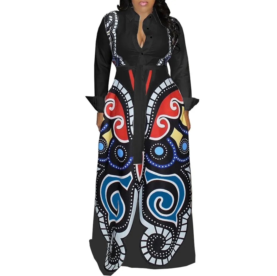 

2019 Women Butterfly Printed Long Sleeve Shirt Dress Vintage Turn-Down Neck Long Maxi Dress Casual High Waist Party Club Dress