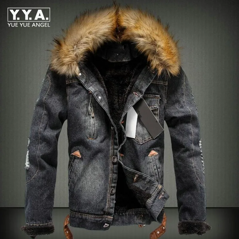 mens denim jacket with fur hood