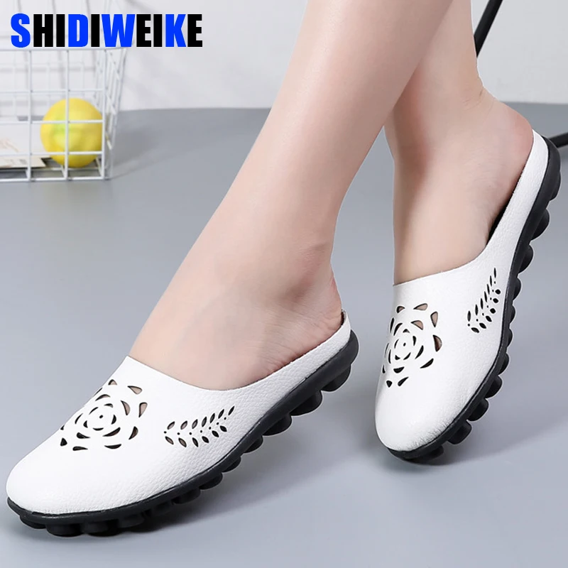 Casual Summer Shoes Woman Genuine Leather Flats Women Hollow Women's Loafers Female Solid Shoe Large Size 35-44 n794