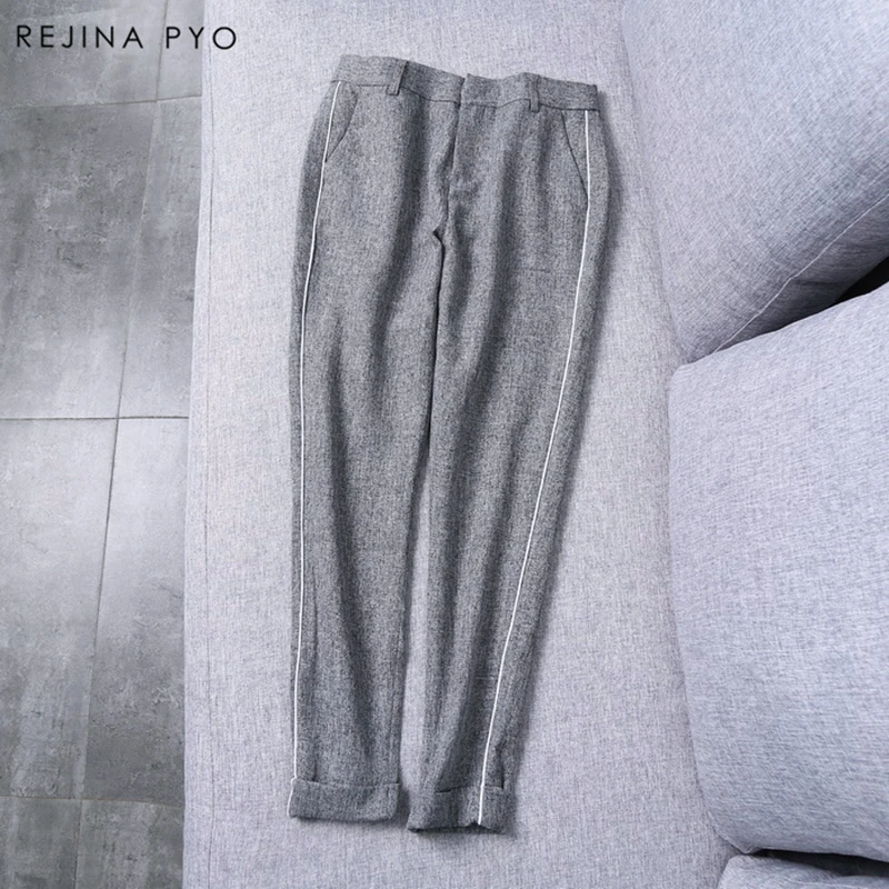 

REJINAPYO 2019 Spring Casual New Arrival Grey Side-striped Crimping Office Lady Pencil Pants High Waist