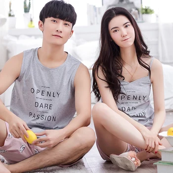 

Pajamas For Couples Summer Cotton Stripe Sleep Nightgowns Men And Women Pyjamas Set