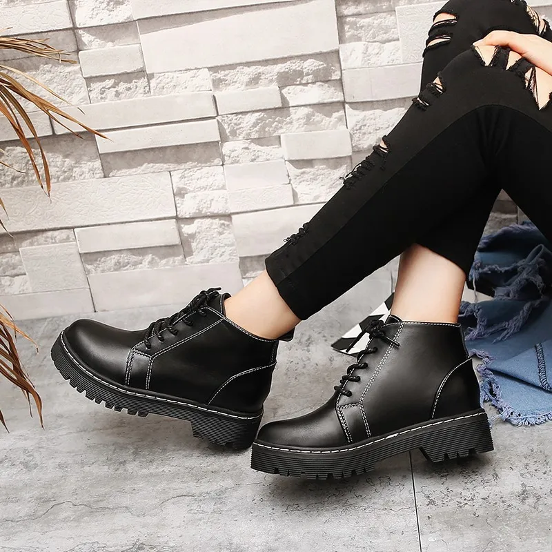 

New Spring Autumn Women Boots Platforms Square Heel Ankle Boots PU Leather Motorcycle Lady Shoes Martin Boots Lace-Up