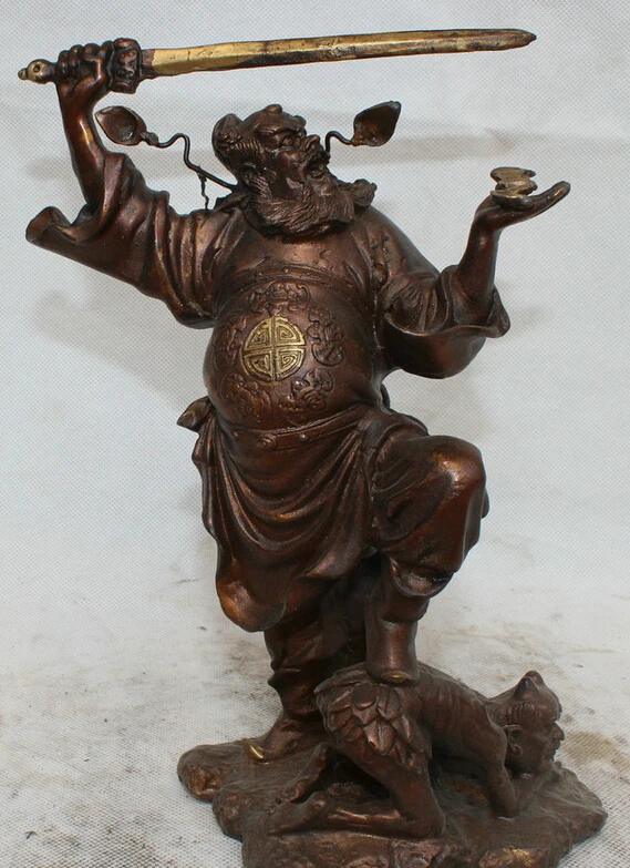 

song voge gem S1694 10" Chinese Myth Bronze God immortal Zhong Kui Fighting devil Statue sculpture