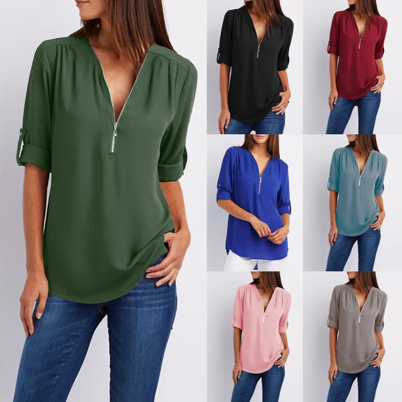 hot-sale-2018-Women-Chiffon-Blouse-Blusas-Tops-Large-Size-Roll-Up-Sleeve-SEXY-v-neck (1)