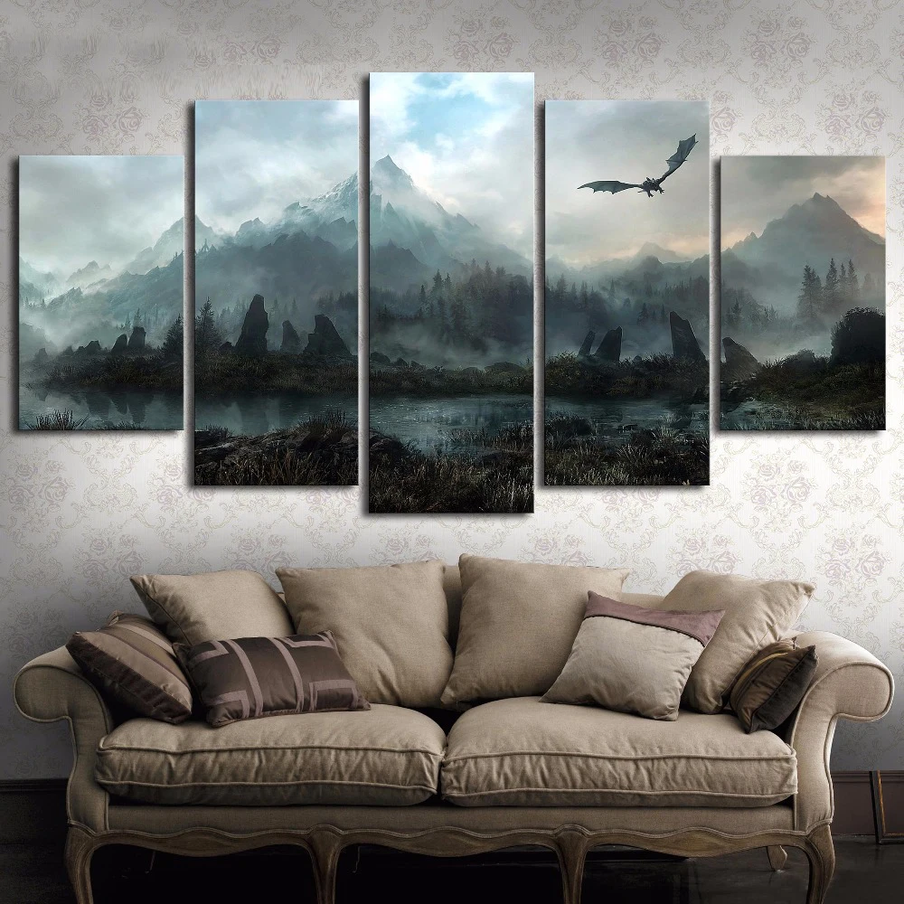 Günstig 5 stück HD Wand Kunst Bild Game of Thrones Drachen Skyrim Ölgemälde Wandbild auf Leinwand für Wohnzimmer Dekor