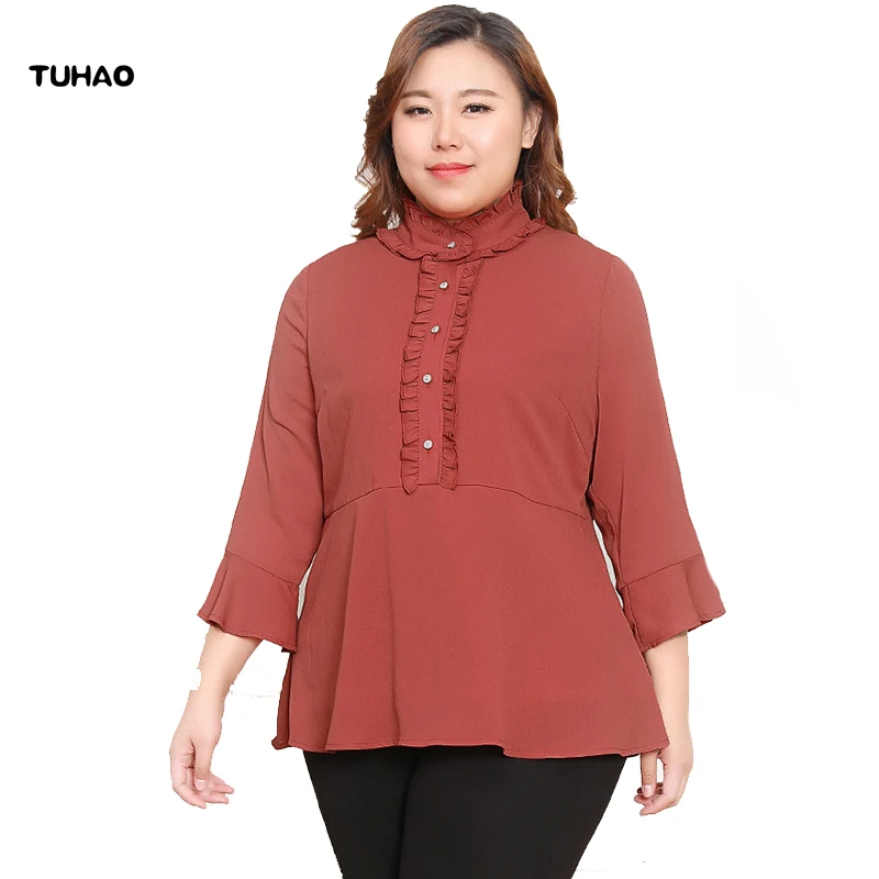 

TUHAO Plus Size 10XL 9XL 8XL Flare Sleeve Ruffles Office Lady Blouses Shirts Tops 2019 Spring Summer Elegant Women Work Blouse