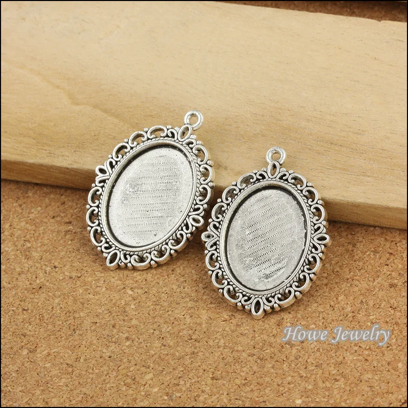 30pcs silver tone plated oval Cameo/Cabochon frame pendant fit for