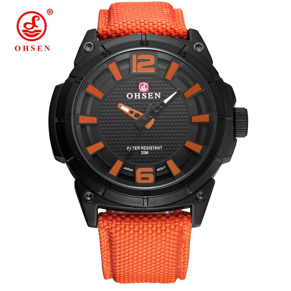 

New OHSEN Fashion Casual Men Quartz Wristwatches Canvas Strap Orange Outdoor Sport Military Waterproof man Watch montre homme
