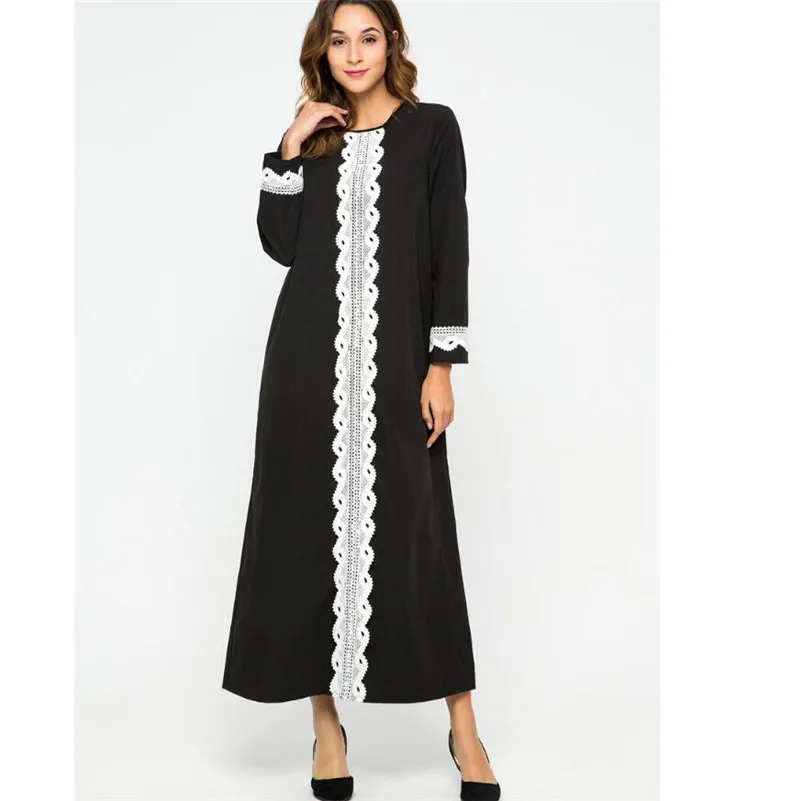 2019 Ближний Восток арабских абайя Черная Женская Дубайский мусульманский кружева сращивания платье кафтан Турции Исламская Femme Musulman