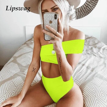 

Sexy One shoulder Bandeau bikini swimwear women High waist Bikini Set swimsuit female Fluorescence bathing suit Maillot De Bain