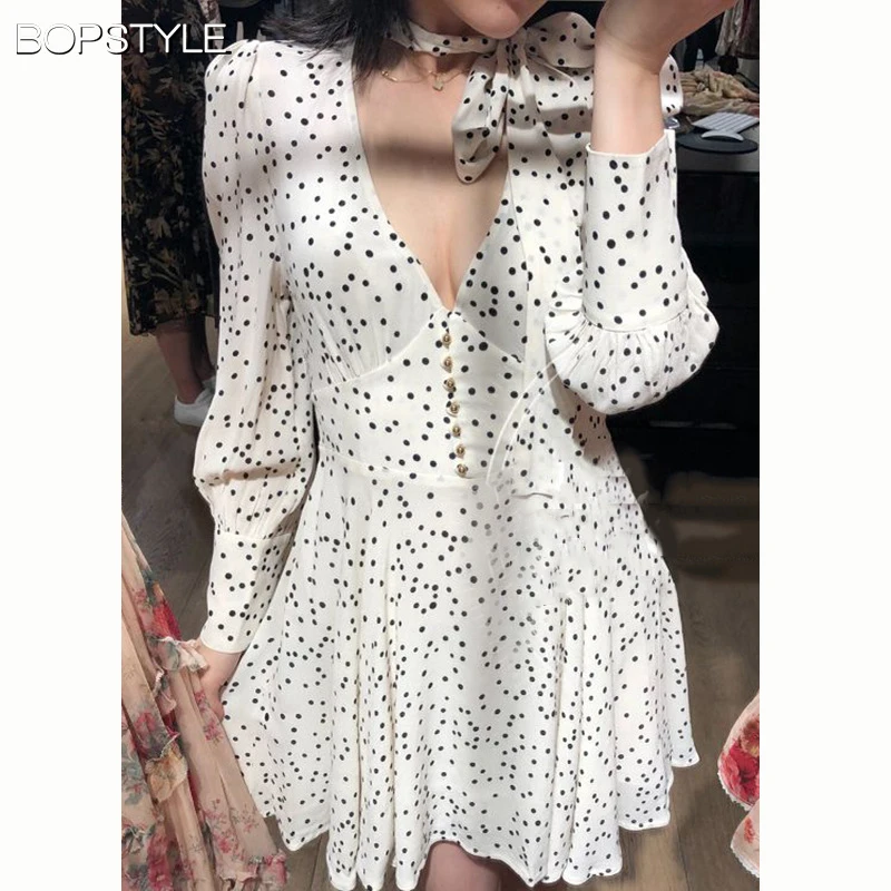 

2018 New Women Sexy Black/White Deep V Neck Polka Dot Short Mini Dress With Puff Sleeve & Necktie & Front Button & Button Cuff