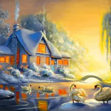 Лебедь дом зима Искусство Ручная роспись креативный цифровой самодельная картина маслом живопись по номерам 24 Цвета Пигмент кисть