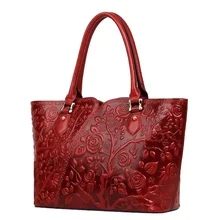 Винтажная дизайнерская женская сумка с тиснением из натуральной кожи с цветочным принтом, женская сумка большого размера с верхней ручкой, женская красная сумочка из натуральной коровьей кожи