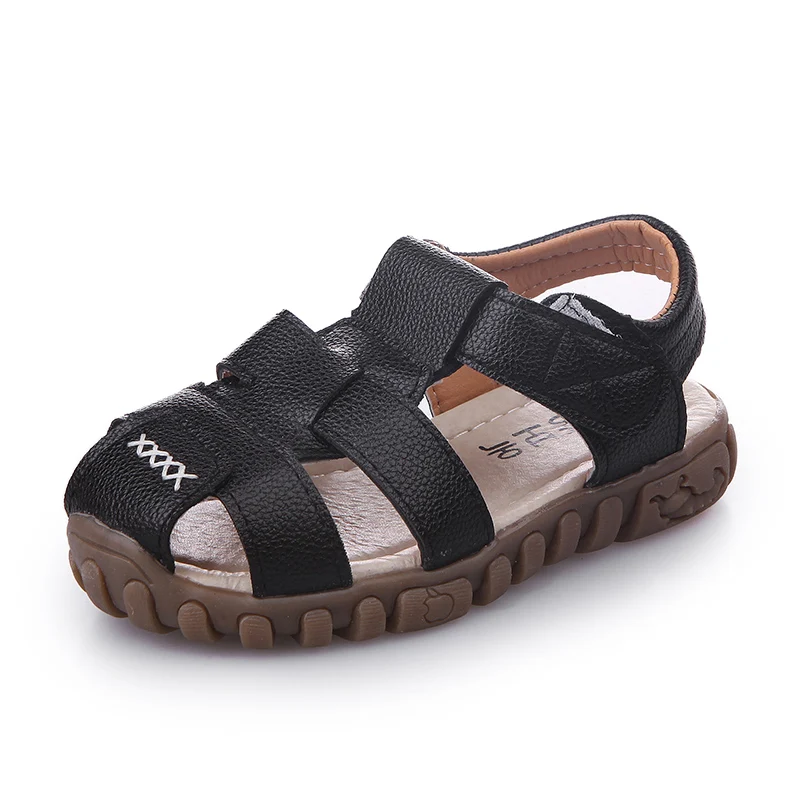 ULKNN/Летняя детская обувь; сандалии с закрытым носком для маленьких мальчиков; кожаные дышащие пляжные сандалии с вырезами; sandalia infantil; удобная детская обувь - Цвет: Black