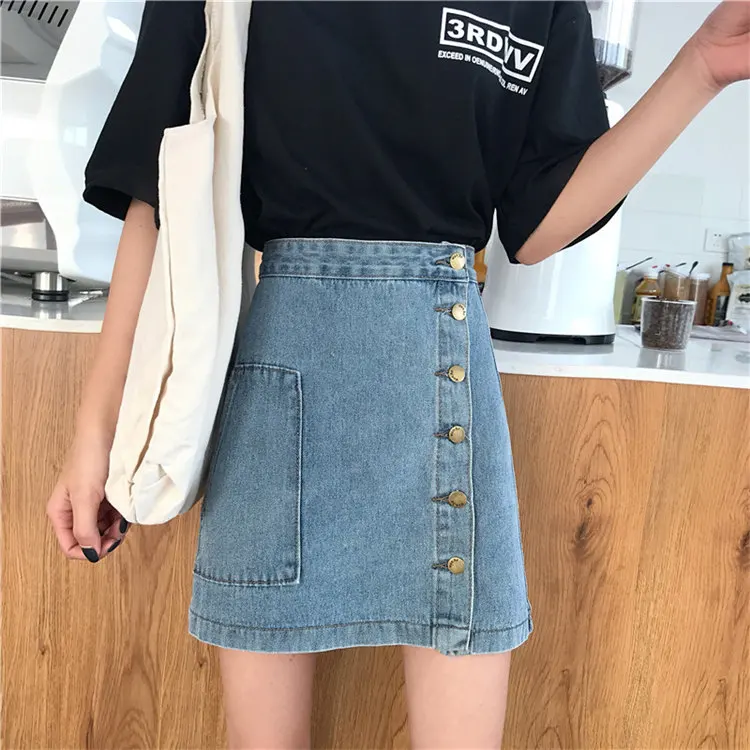 Летняя женская джинсовая юбка трапециевидной формы размера плюс, джинсовая винтажная юбка с высокой талией и пуговицами, Женская Повседневная облегающая мини-юбка S-5XL