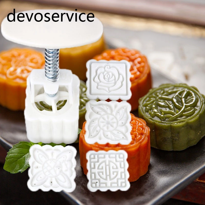 

1 Set Square Hand Press Moon Cake Mould With 4 Patterns Fondant Sugarcraft Decorating Cookies Moulds Baking & Pastry Tools
