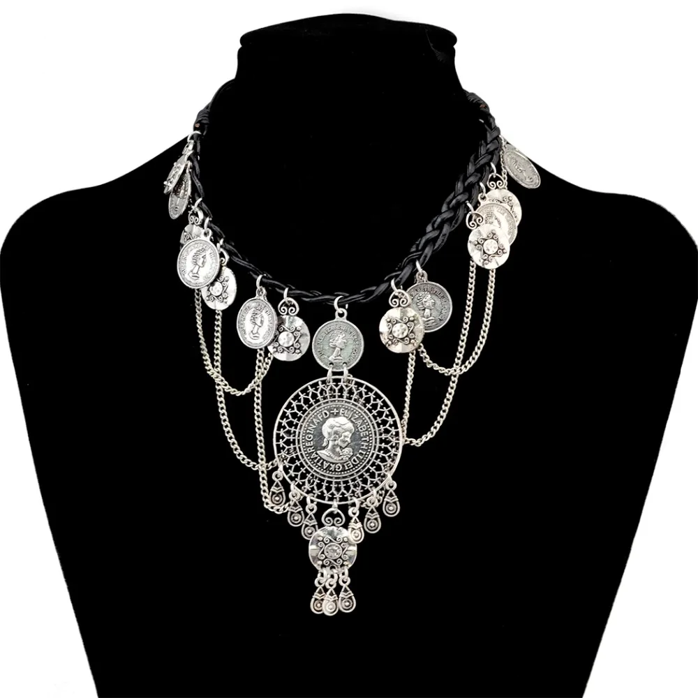 

Gypsy Ethnic Silver Leather Chain Bib Choker Necklace Collier Queen Portrait Coin Tassel Long Statement Necklaces Women Jewelry