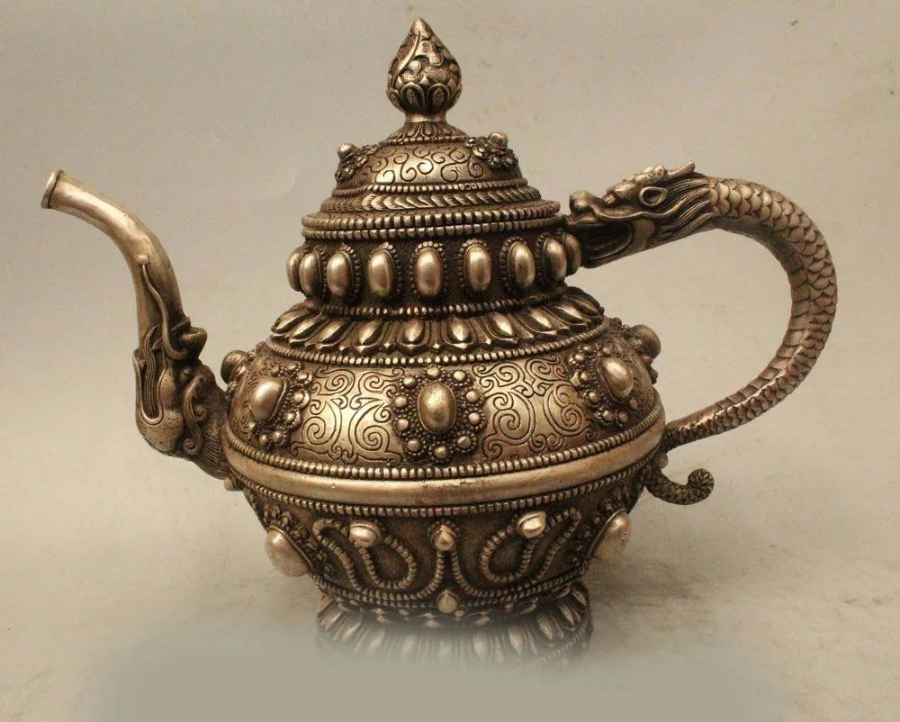 

DS 10" Tibetan Religion Silver Gild Dragon Beast Head Handle Wine Tea Pot Flagon